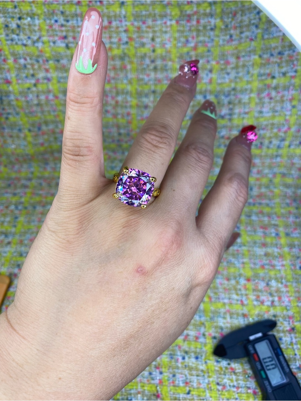 Gold Ring with Purple Moissanite Cushion-Cut diamond- open size 5-13